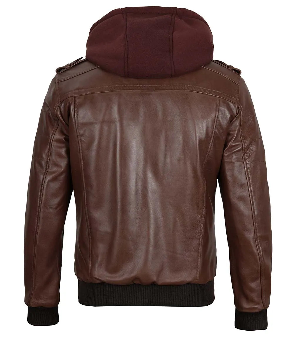 Tall Mens Bomber Dark Brown Removable Hooded Leather Jacket Tall Mens Bomber Dark Brown Removable Hooded Leather Jacket product image