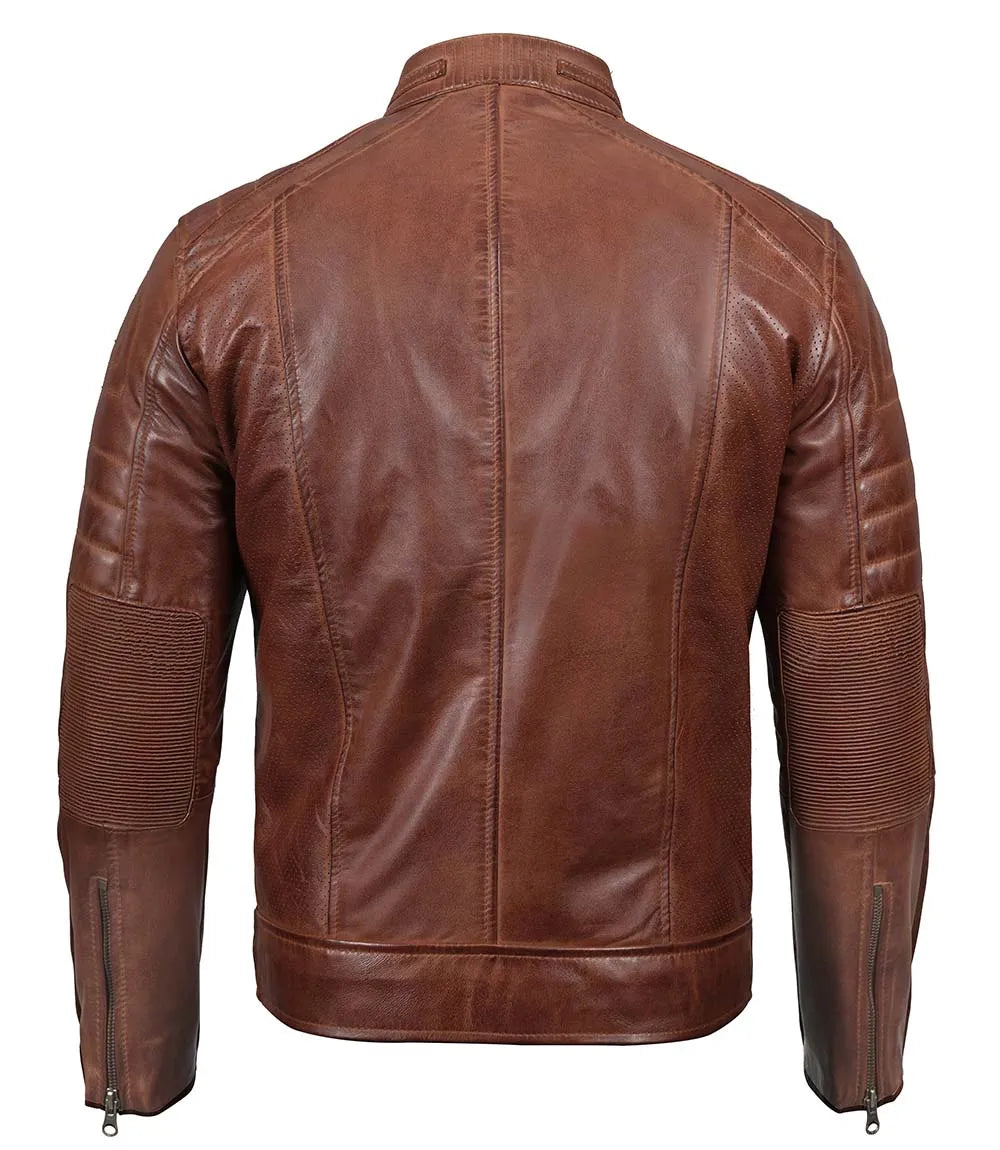 Tall Men's Cognac Brown Distressed Leather Cafe Racer Jacket Tall Men's Cognac Brown Distressed Leather Cafe Racer Jacket product image