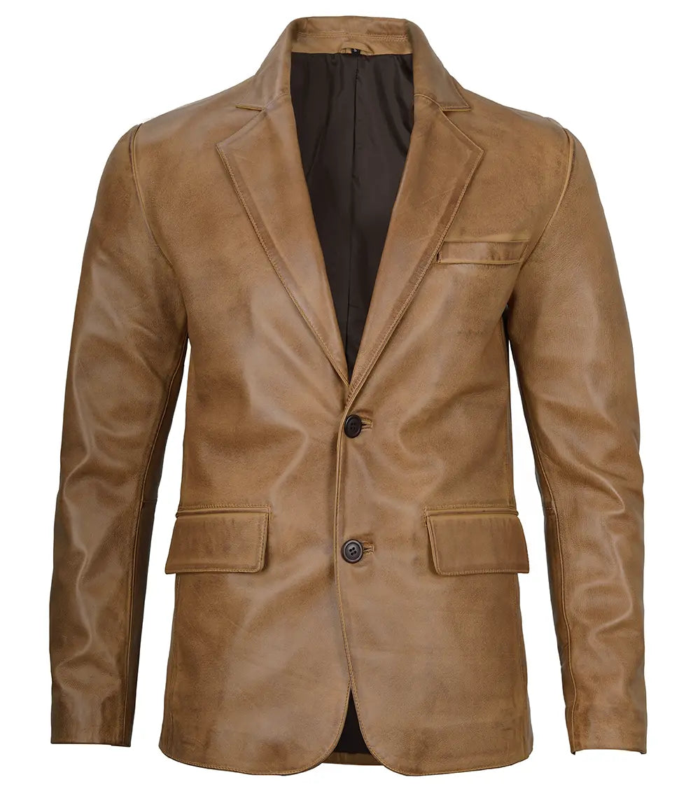 Mens Camel Brown Leather Blazer Jacket product image