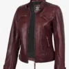 Johnson Women's Burgundy Quilted Cafe Racer Leather Jacket product image