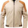 Mens Beige Leather Jacket Café Racer Vintage-inspired Moto Jacket With Brown Accents And Slim Fit Design product image
