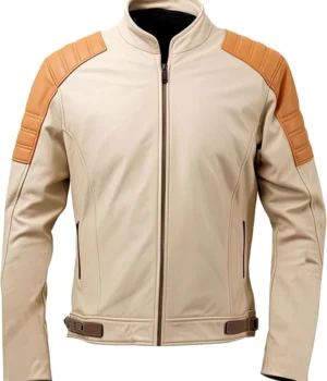 Mens Beige Leather Jacket Café Racer Vintage-inspired Moto Jacket With Brown Accents And Slim Fit Design product image