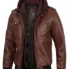 Edinburgh Mens Brown Bomber Leather Jacket With Removable Hood product image