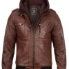 Edinburgh Mens Brown Bomber Leather Jacket With Removable Hood product image