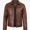 Men's Cognac Brown Leather Shirt Collar Jacket product image