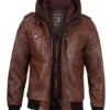 Edinburgh Mens Brown Bomber Leather Jacket With Removable Hood product image