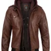 Edinburgh Mens Brown Bomber Leather Jacket With Removable Hood product image