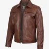 Men's Cognac Brown Leather Shirt Collar Jacket product image