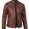 Mens Tall Cognac Brown Cafe Racer Leather Jacket product image