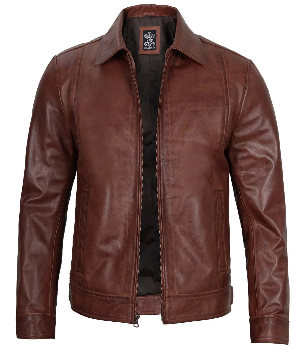 Tall Men Harrington Brown Leather Jacket Tall Men Harrington Brown Leather Jacket product image