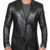 Men's Notch Lapel Two Button Black Leather Blazer product image