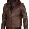 Edinburgh Men's Dark Brown Leather Bomber Jacket With Removable Hood Edinburgh Men's Dark Brown Leather Bomber Jacket With Removable Hood product image