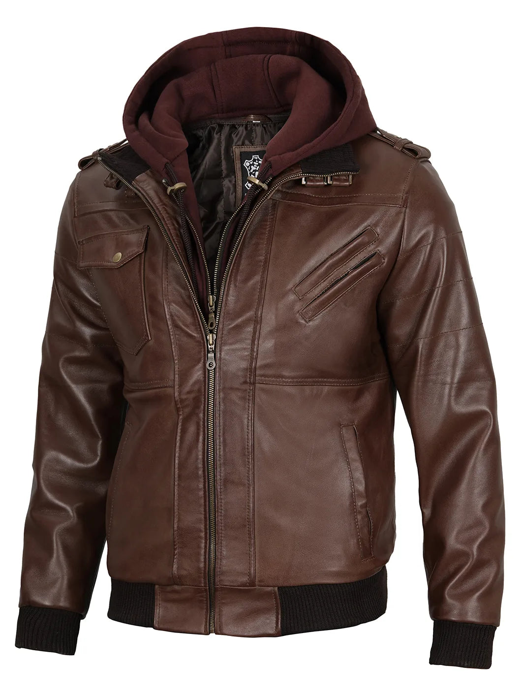 Edinburgh Men's Dark Brown Leather Bomber Jacket With Removable Hood Edinburgh Men's Dark Brown Leather Bomber Jacket With Removable Hood product image