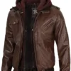 Edinburgh Men's Dark Brown Leather Bomber Jacket With Removable Hood product image