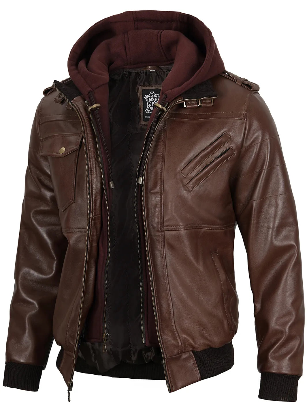 Edinburgh Men's Dark Brown Leather Bomber Jacket With Removable Hood Edinburgh Men's Dark Brown Leather Bomber Jacket With Removable Hood product image