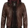 Edinburgh Men's Dark Brown Leather Bomber Jacket With Removable Hood Edinburgh Men's Dark Brown Leather Bomber Jacket With Removable Hood product image