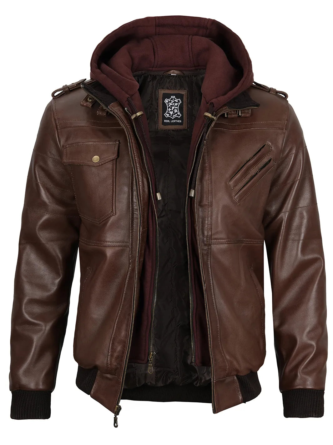 Edinburgh Men's Dark Brown Leather Bomber Jacket With Removable Hood Edinburgh Men's Dark Brown Leather Bomber Jacket With Removable Hood product image