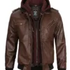 Edinburgh Men's Dark Brown Leather Bomber Jacket With Removable Hood Edinburgh Men's Dark Brown Leather Bomber Jacket With Removable Hood product image