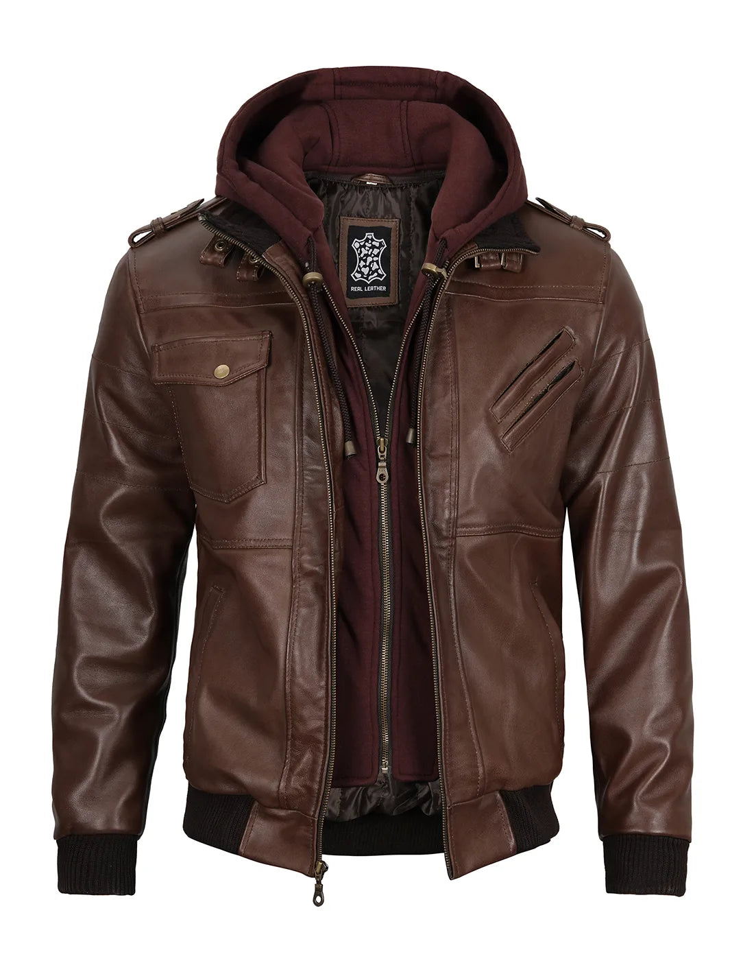 Edinburgh Men's Dark Brown Leather Bomber Jacket With Removable Hood Edinburgh Men's Dark Brown Leather Bomber Jacket With Removable Hood product image