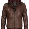 Edinburgh Men's Dark Brown Leather Bomber Jacket With Removable Hood Edinburgh Men's Dark Brown Leather Bomber Jacket With Removable Hood product image