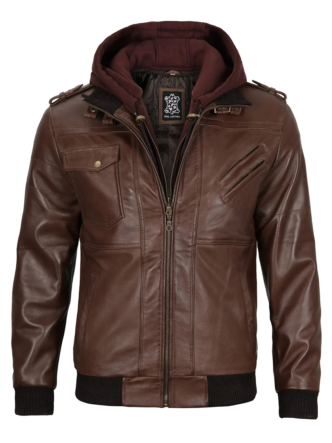 Edinburgh Men's Dark Brown Leather Bomber Jacket With Removable Hood Edinburgh Men's Dark Brown Leather Bomber Jacket With Removable Hood product image