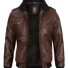 Edinburgh Men's Dark Brown Leather Bomber Jacket With Removable Hood Edinburgh Men's Dark Brown Leather Bomber Jacket With Removable Hood product image
