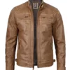 Tall Men's Distressed Camel Brown Cafe Racer Leather Jacket Tall Men's Distressed Camel Brown Cafe Racer Leather Jacket product image