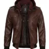 Tall Mens Bomber Dark Brown Removable Hooded Leather Jacket product image