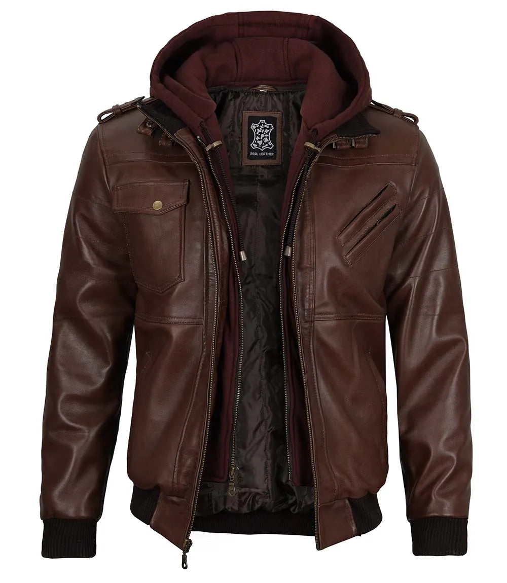 Tall Mens Bomber Dark Brown Removable Hooded Leather Jacket Tall Mens Bomber Dark Brown Removable Hooded Leather Jacket product image