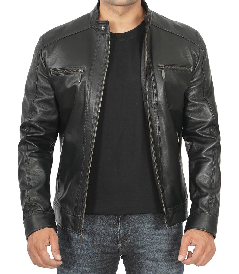 Merrill Men's Black Hooded Leather Jacket product image