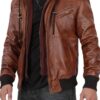 Men's Brown Tall Leather Bomber Jacket With Removable Hood product image