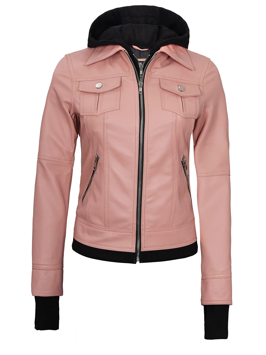 Tralee Women's Pink Leather Biker Style Jacket with Hood Tralee Women's Pink Leather Biker Style Jacket with Hood product image
