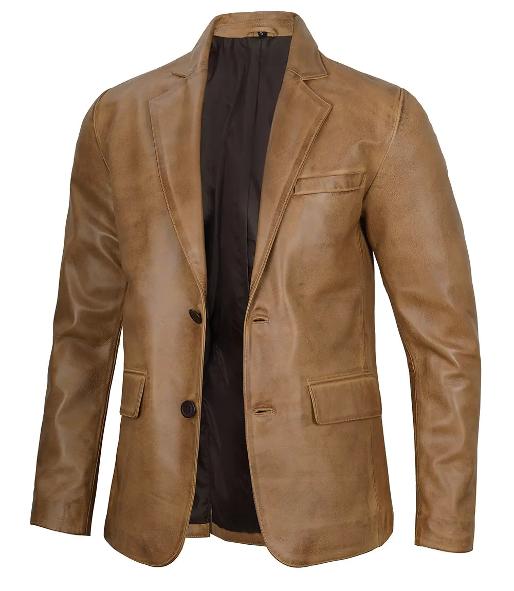 Mens Camel Brown Leather Blazer Jacket product image