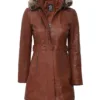 Women's Hooded Brown Leather Long Shearling Coats product image