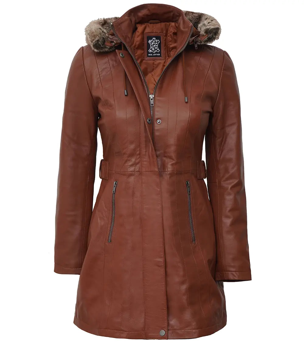 Women's Hooded Brown Leather Long Shearling Coats Women's Hooded Brown Leather Long Shearling Coats product image