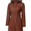 Women's Hooded Brown Leather Long Shearling Coats product image