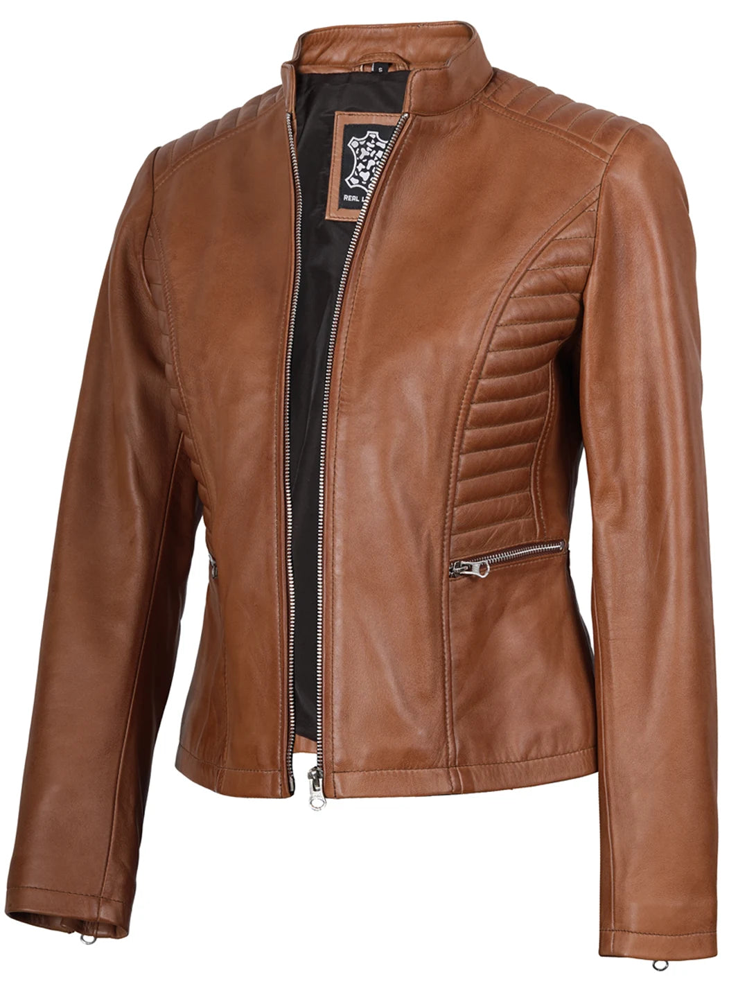 Rachel Womens Tan Cafe Racer Leather Jacket Rachel Womens Tan Cafe Racer Leather Jacket product image