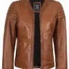 Womens Tan Brown Cafe Racer Leather Jacket product image