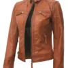 Women's Cafe Racer Tan Brown Leather Jacket product image