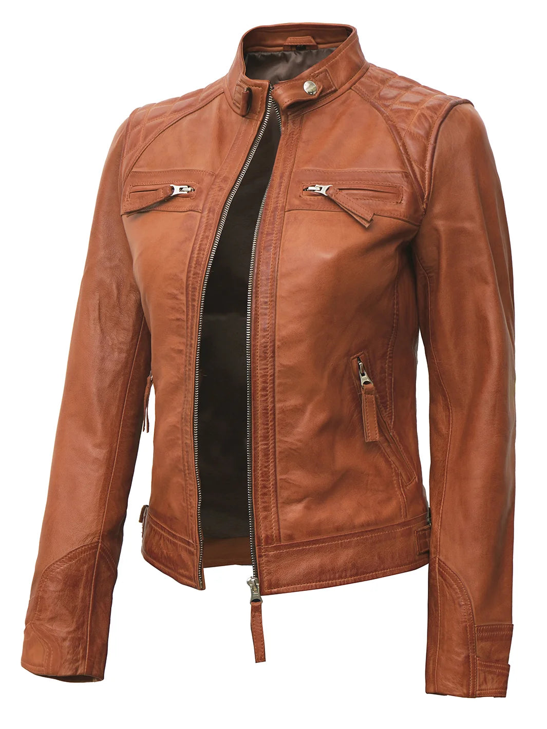 Women's Cafe Racer Tan Brown Leather Jacket Women's Cafe Racer Tan Brown Leather Jacket product image