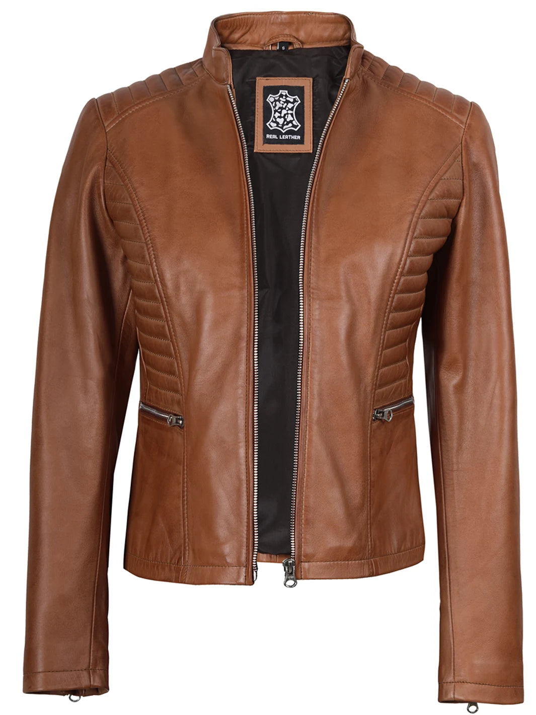 Rachel Womens Tan Cafe Racer Leather Jacket Rachel Womens Tan Cafe Racer Leather Jacket product image