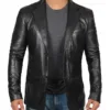 Men's Notch Lapel Two Button Black Leather Blazer product image