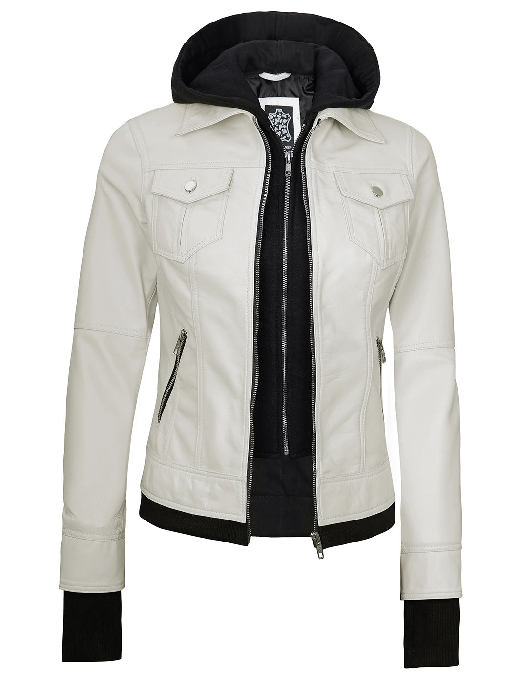 Womens Off White Biker Style Leather Jacket with Hood Womens Off White Biker Style Leather Jacket with Hood product image