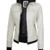 Womens Off White Biker Style Leather Jacket with Hood product image