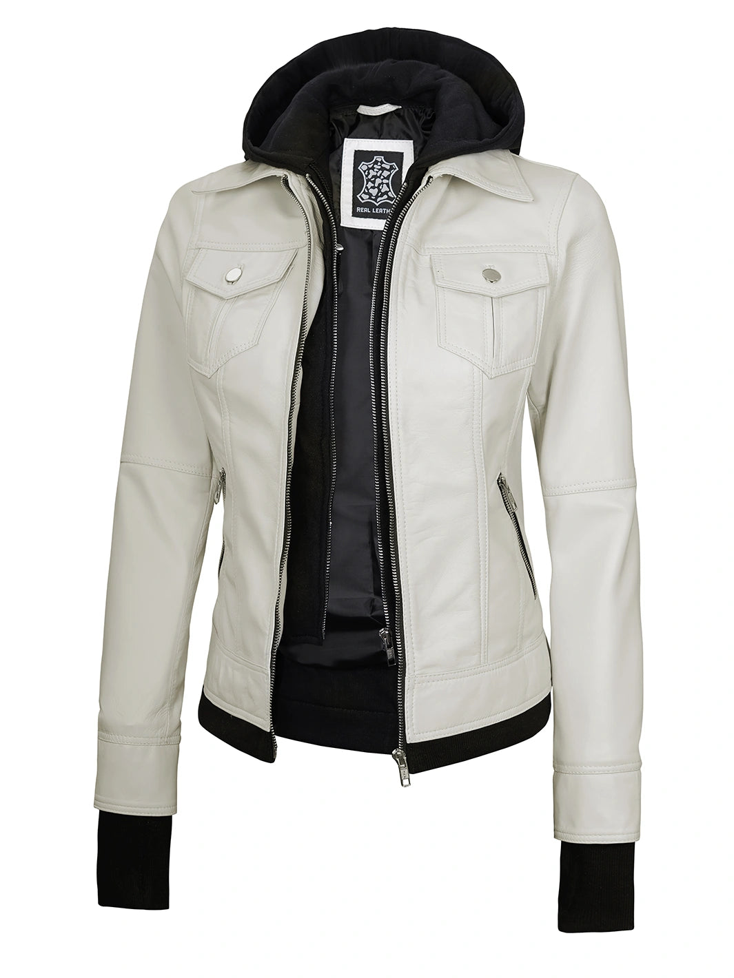 Womens Off White Biker Style Leather Jacket with Hood Womens Off White Biker Style Leather Jacket with Hood product image