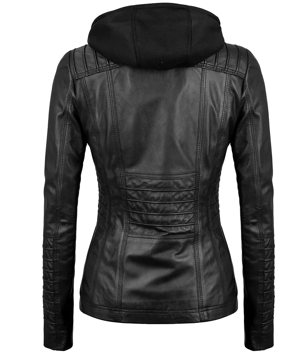 Women's Tall Black Leather Jacket With Removable Hood Women's Tall Black Leather Jacket With Removable Hood product image