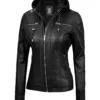 Women's Tall Black Leather Jacket With Removable Hood product image