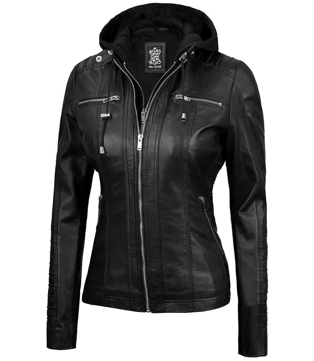 Women's Tall Black Leather Jacket With Removable Hood Women's Tall Black Leather Jacket With Removable Hood product image