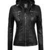 Women's Tall Black Leather Jacket With Removable Hood Women's Tall Black Leather Jacket With Removable Hood product image
