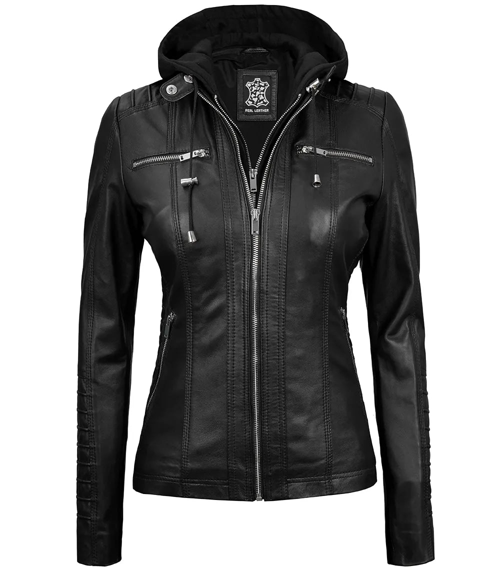 Women's Tall Black Leather Jacket With Removable Hood Women's Tall Black Leather Jacket With Removable Hood product image
